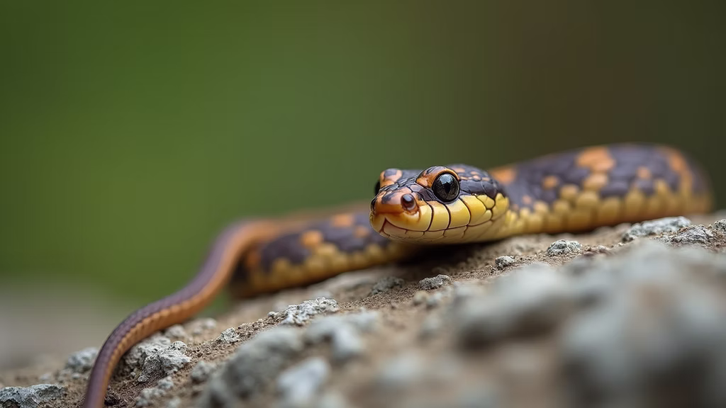 A non-venomous Eastern Garter Snake basking in the sun on a warm rock